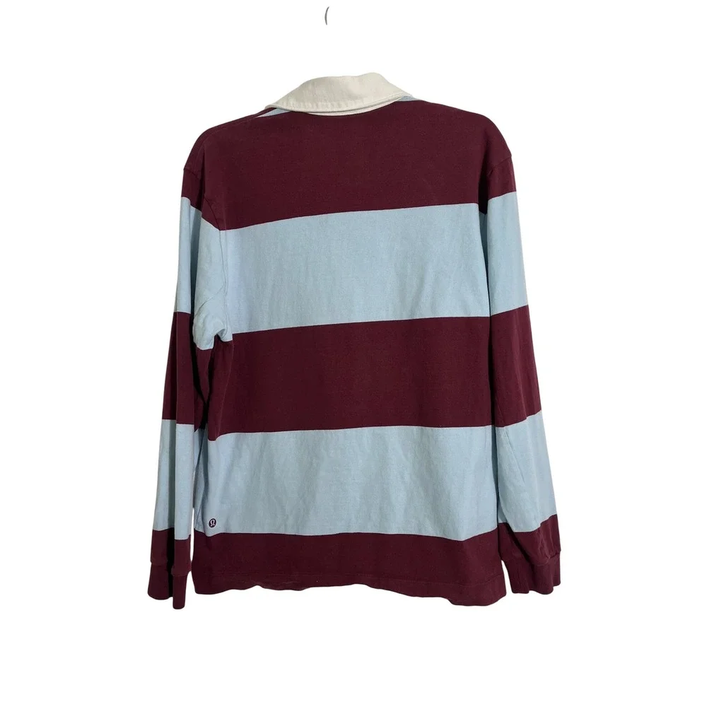 LULULEMON Long Sleeve Cotton Rugby Shirt in Wide Stripe Burgundy Bay Foam Cloud